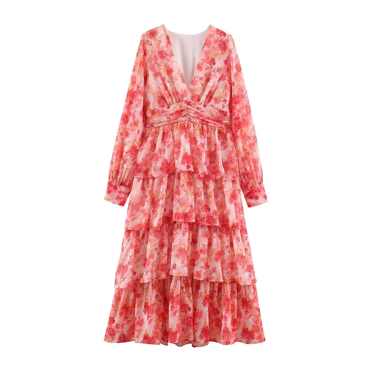 Front view of rose print V neck tiered ruffle long sleeve maxi dress