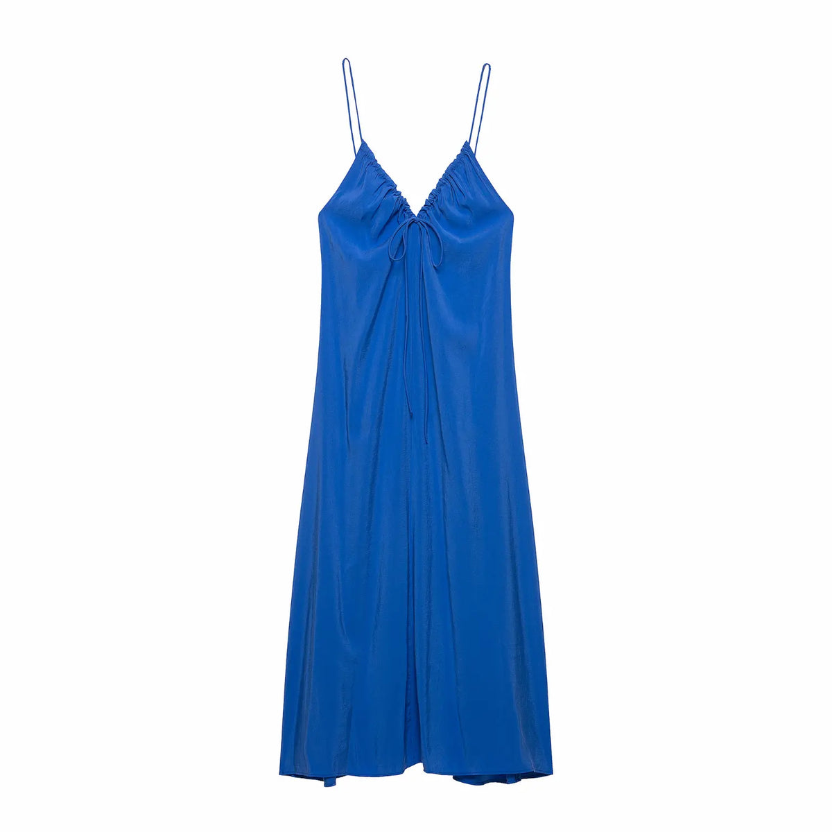 Flat lay front view of royal blue spaghetti strap tie front flowy maxi dress