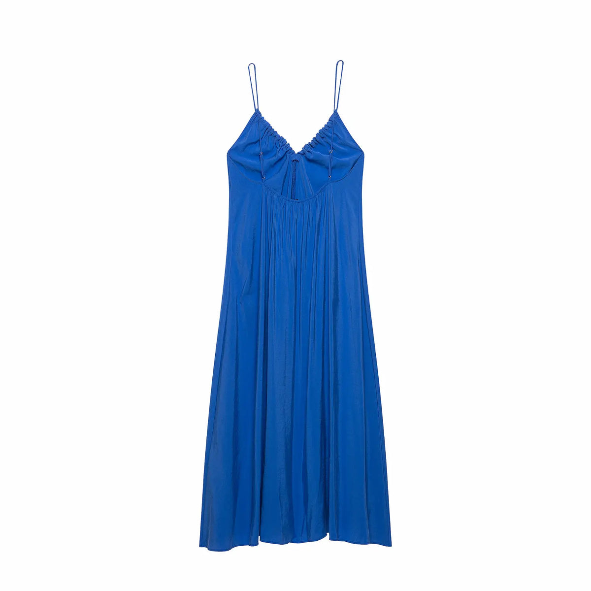 Full flat back view of royal blue spaghetti strap flowy maxi dress
