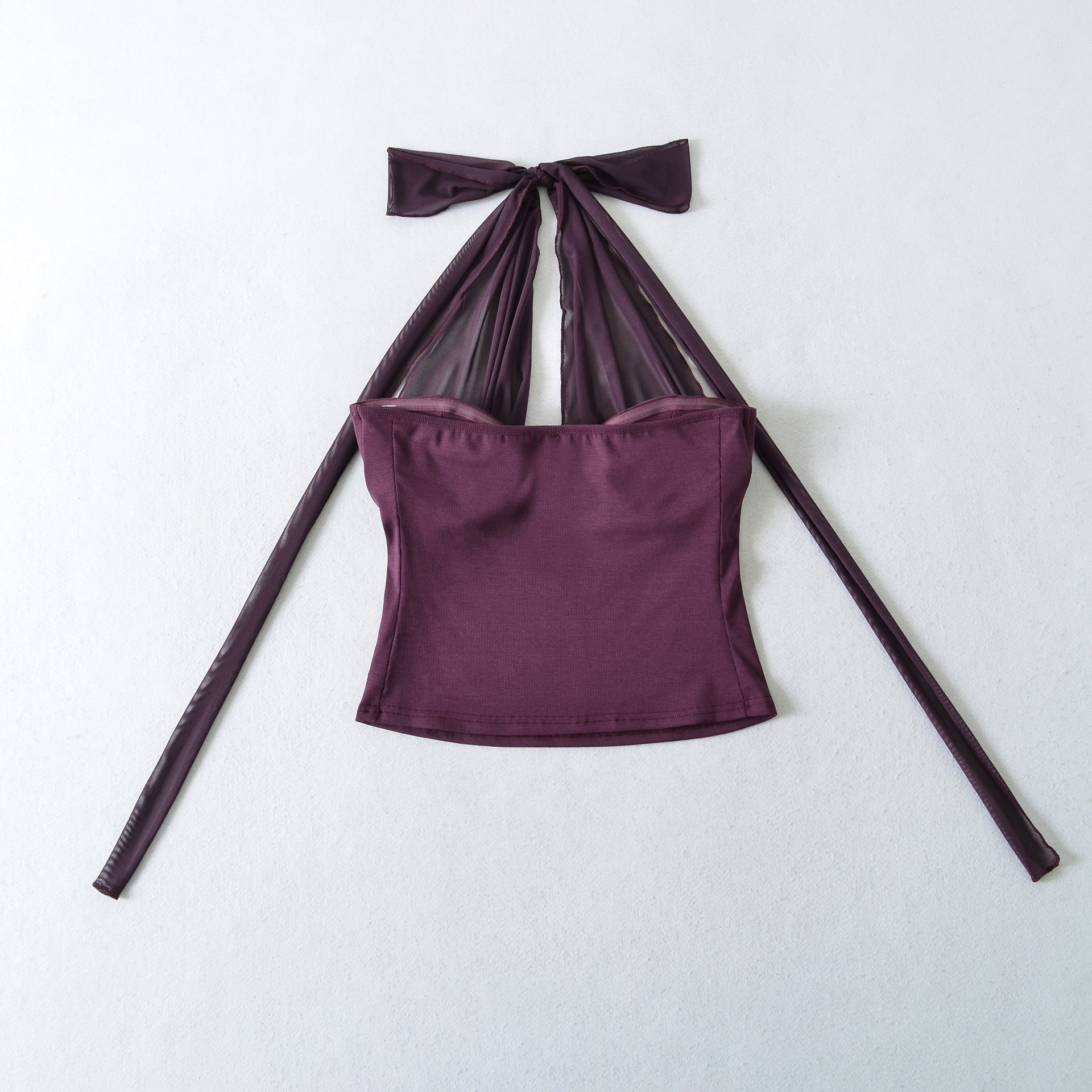 Women's cropped halter neck camisole top by dingdingding with ruched bust, mesh splicing, and slim waist fit, available in five colors.