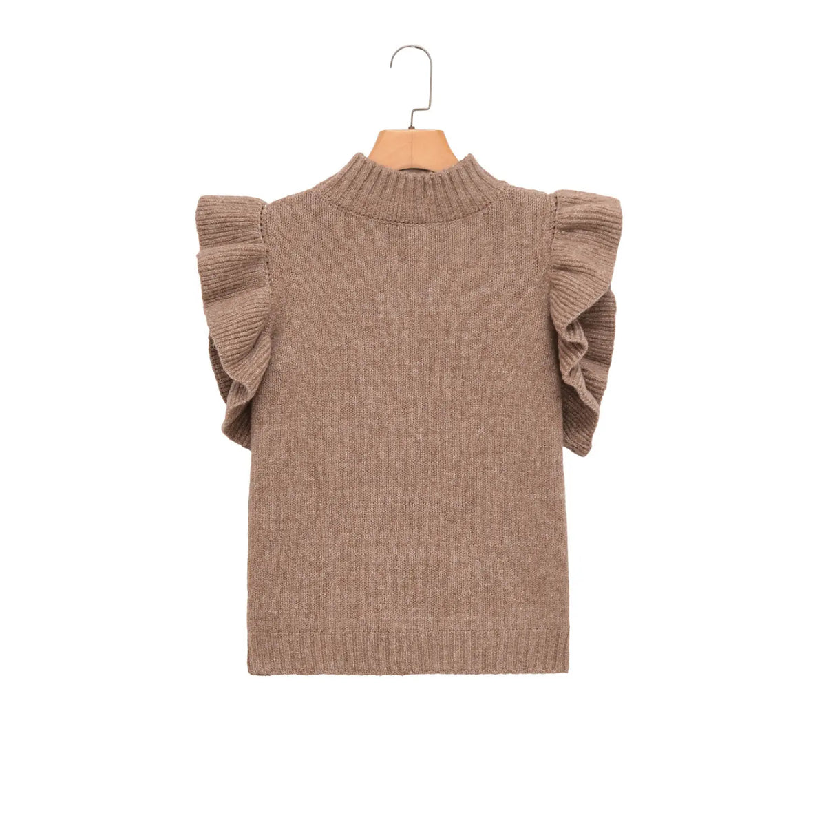Oatmeal ruffle shoulder mock neck knit top, back hanging
