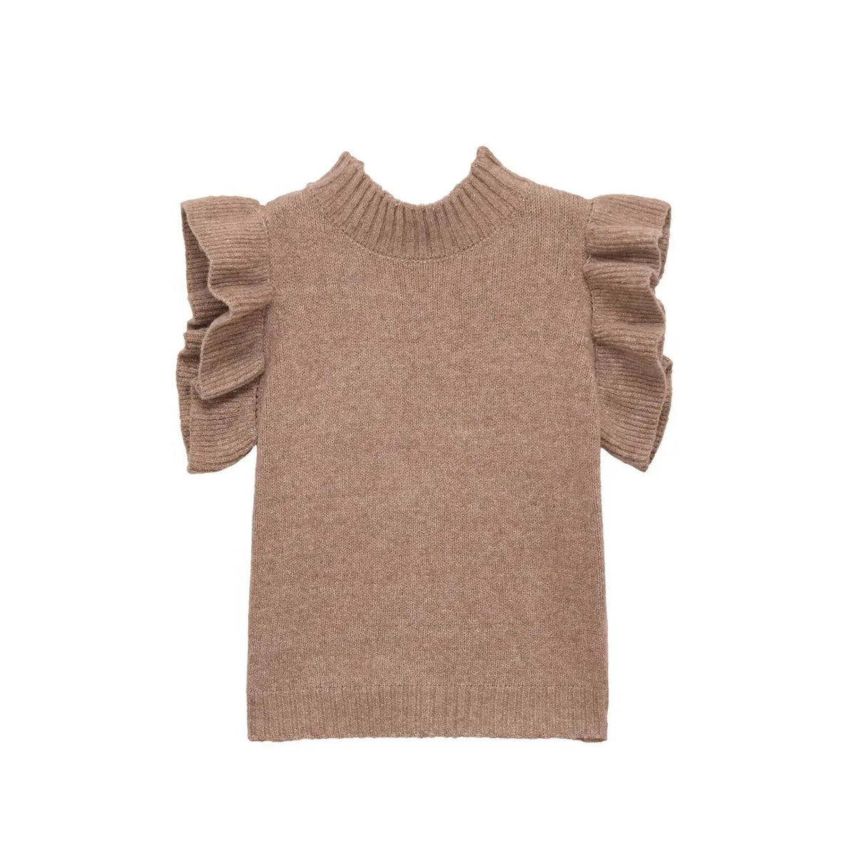 Oatmeal ruffle shoulder mock neck knit top, front flat lay