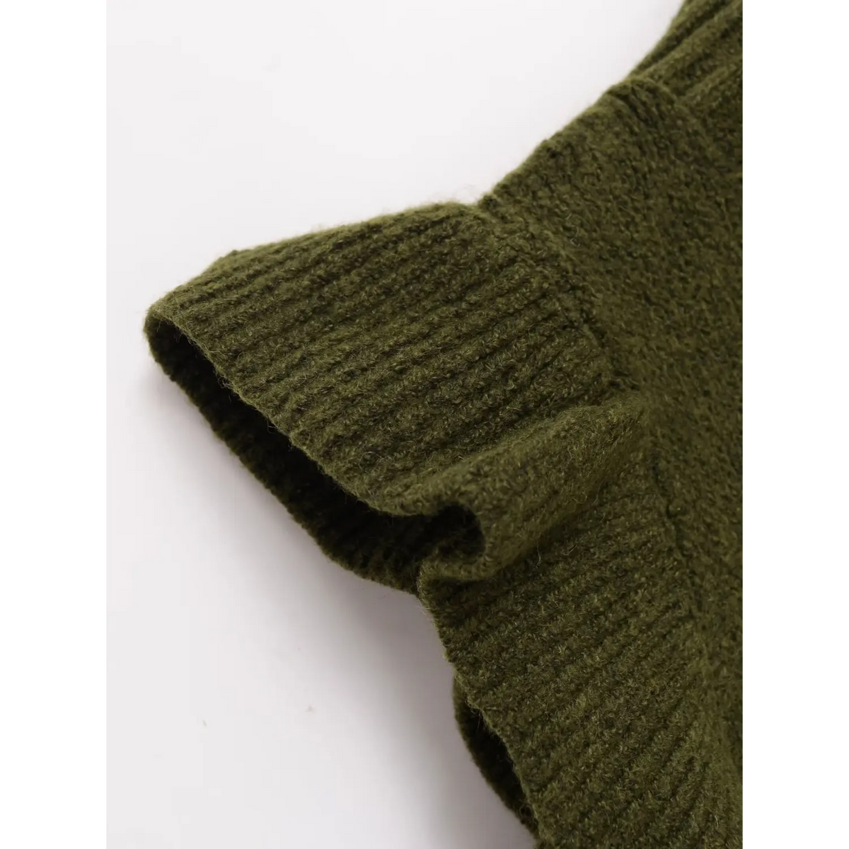 Close-up of olive green ruffle flutter sleeve detail