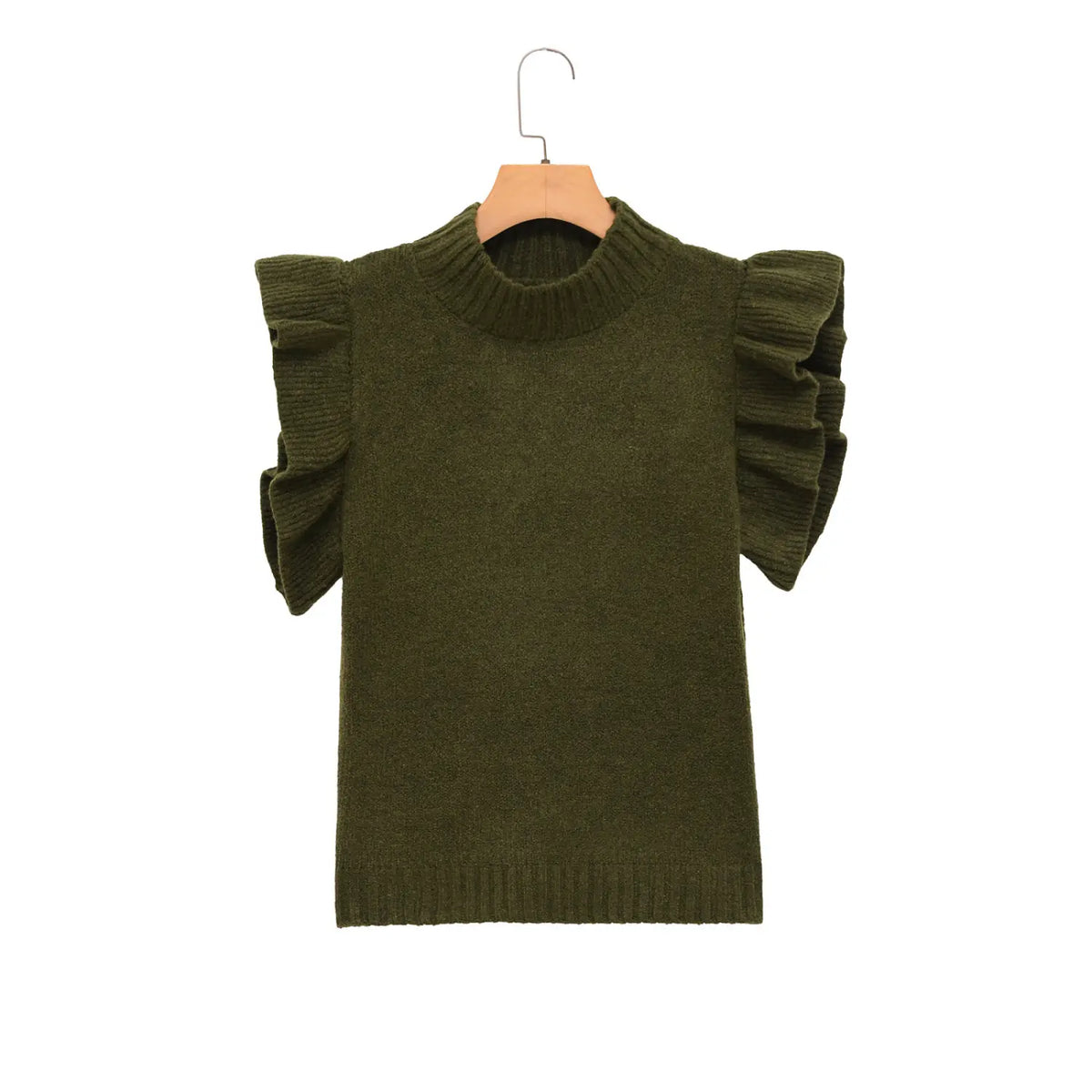 Olive green ruffle shoulder mock neck knit top, front hanging