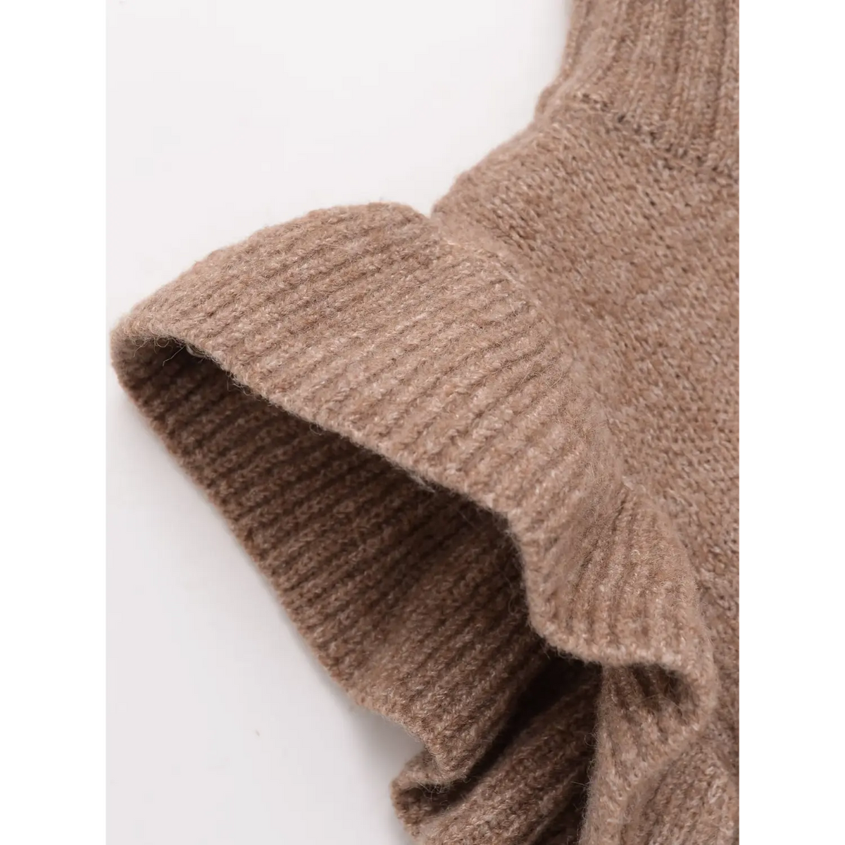 Close-up of oatmeal ruffle flutter sleeve detail