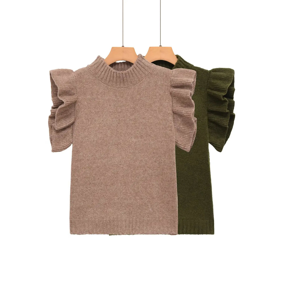 Oatmeal and olive green ruffle shoulder knit tops hanging side by side