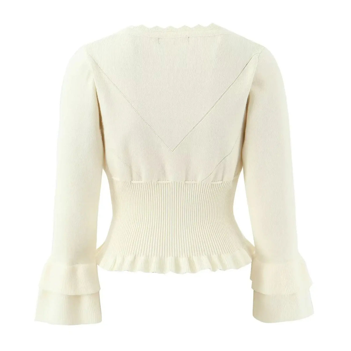Back view of cream knit cardigan with triangle cutout stitching, ribbed waist and ruffled hem
