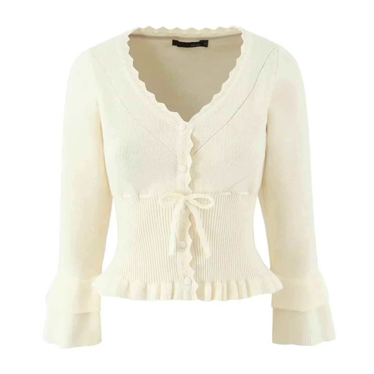 Front view of cream ruffle trim knit cardigan with heart-shaped V neck and bow tie on white background
