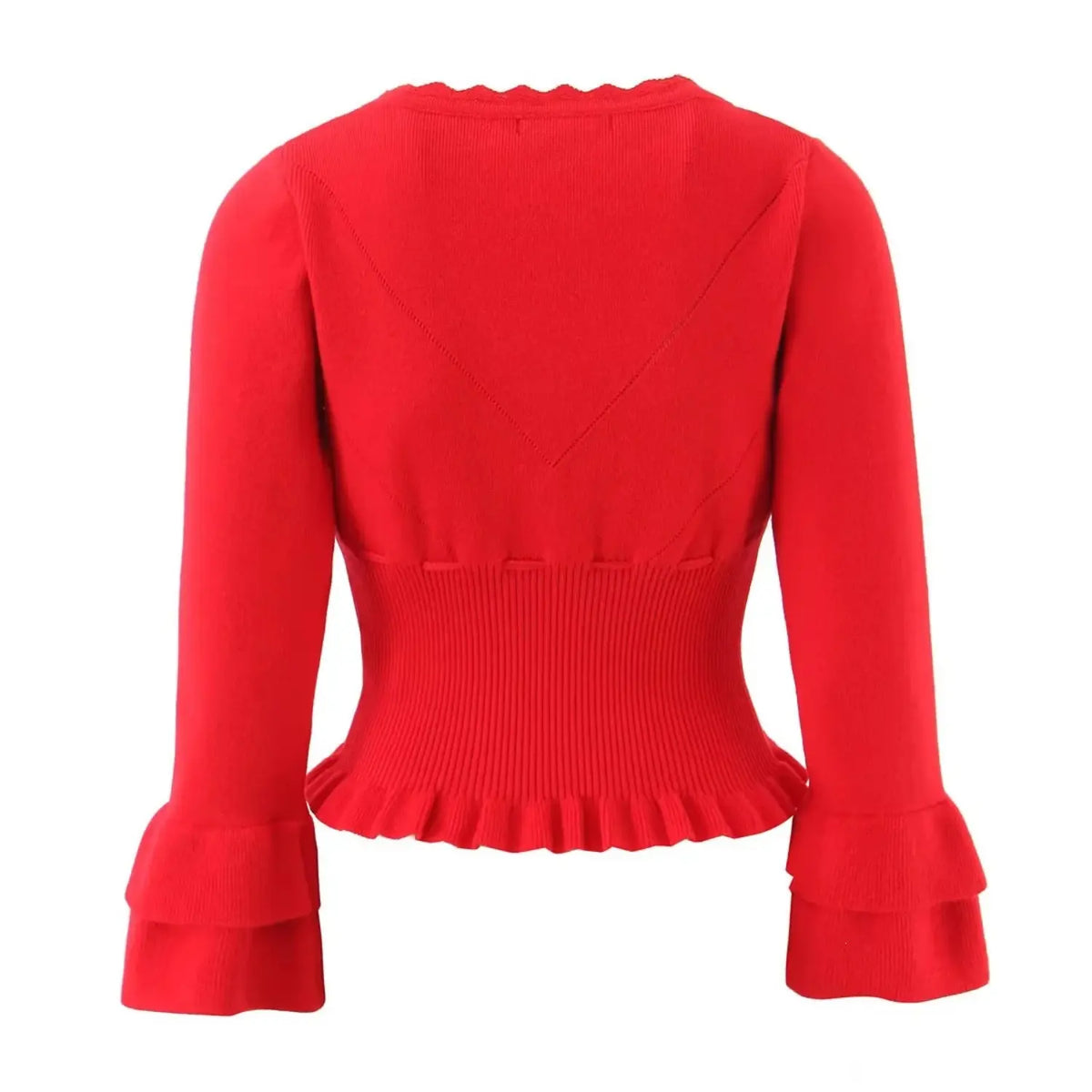 Back view of red knit cardigan with scalloped neckline, diamond stitching and ruffled hem