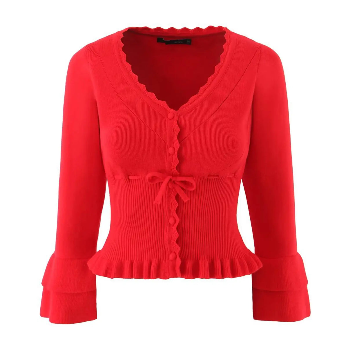 Front view of red ruffle trim knit cardigan with V neck, bow tie and bell sleeves on white background
