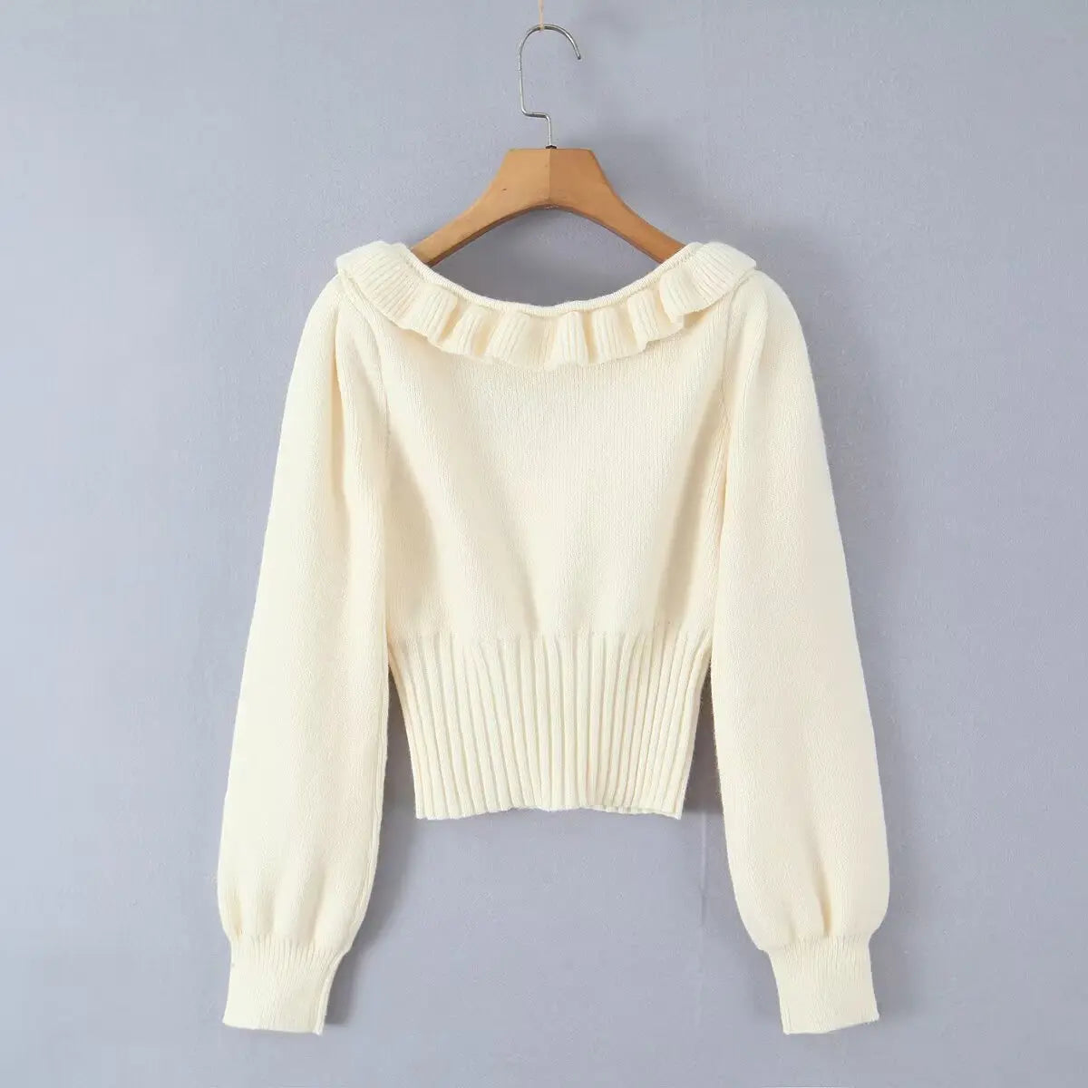 Cream ruffle trim satin bow fuzzy knit cropped sweater, hanger back
