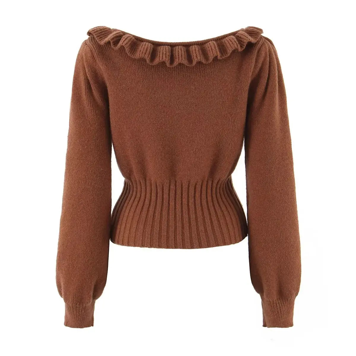 Caramel ruffle trim satin bow fuzzy knit cropped sweater, back flat