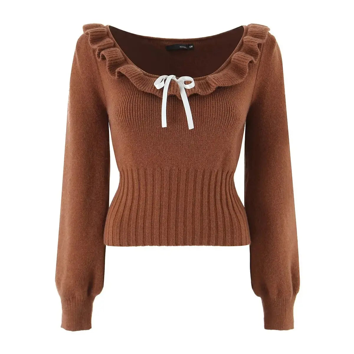 Caramel ruffle trim satin bow fuzzy knit cropped sweater, front flat