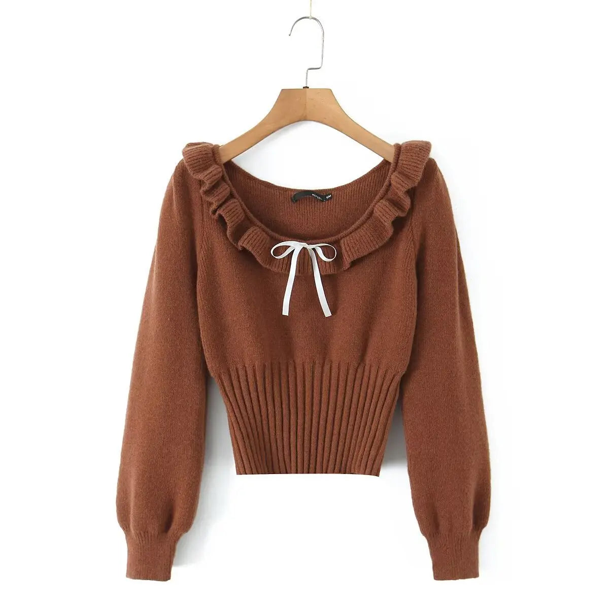 Caramel ruffle trim satin bow fuzzy knit cropped sweater, hanger front