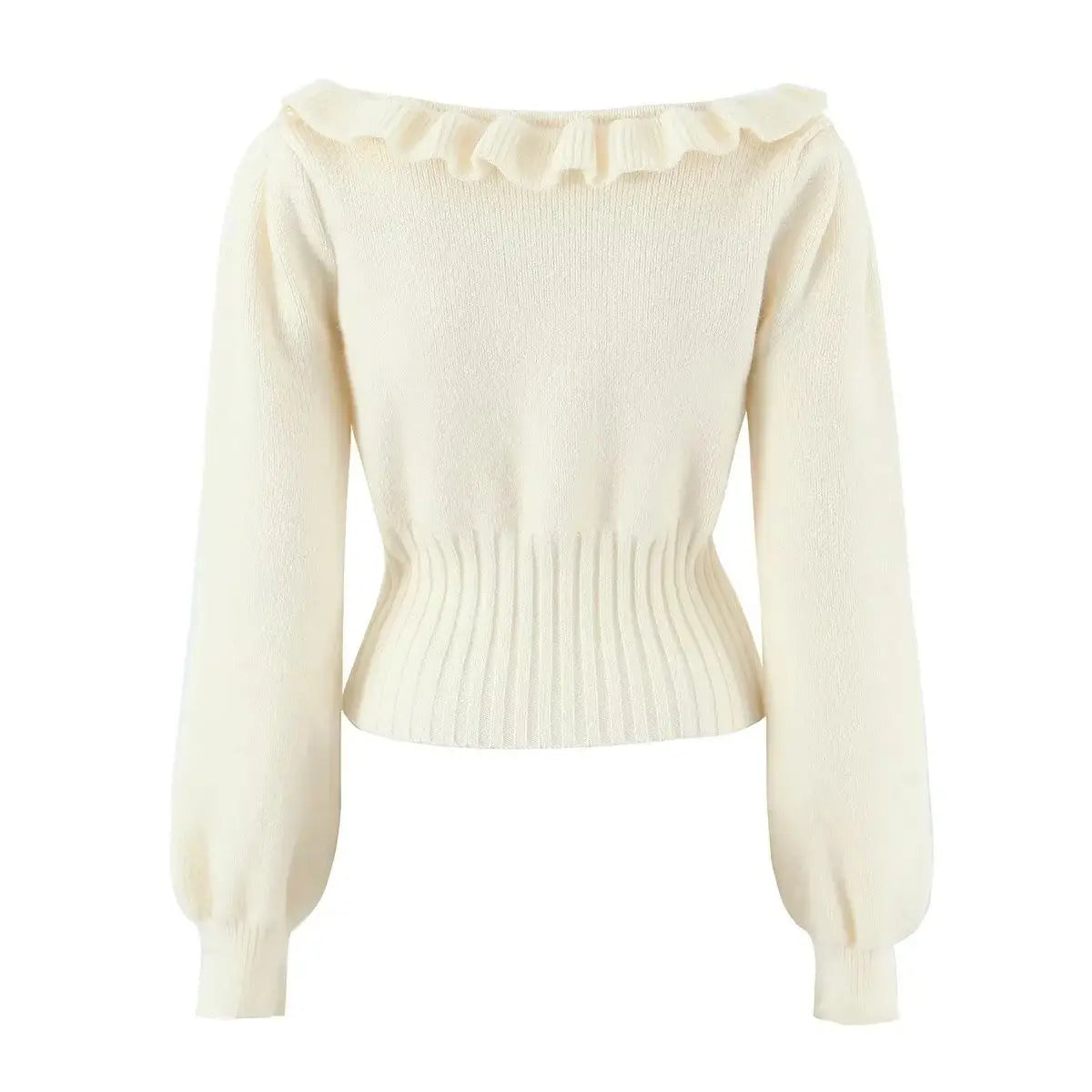 Cream ruffle trim satin bow fuzzy knit cropped sweater, back flat