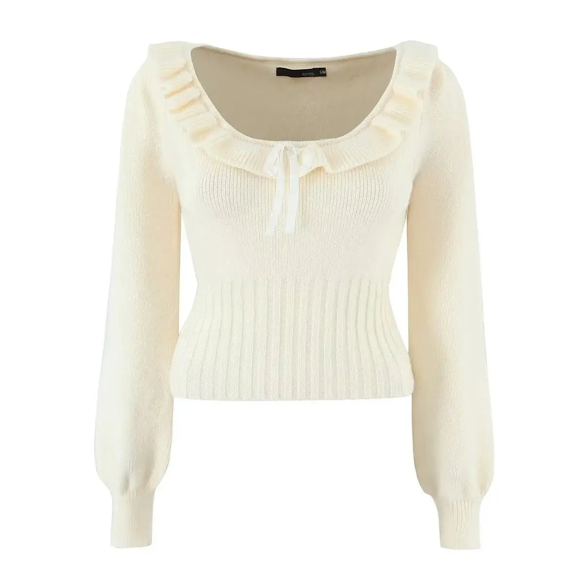Cream ruffle trim satin bow fuzzy knit cropped sweater, front flat