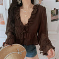 Ruffle V neck brown chiffon crop top basic front model shot, double frill V neck front tie bust shaping layered ruffle cropped hem tie flare long sleeve soft vintage y2k daily outfit display