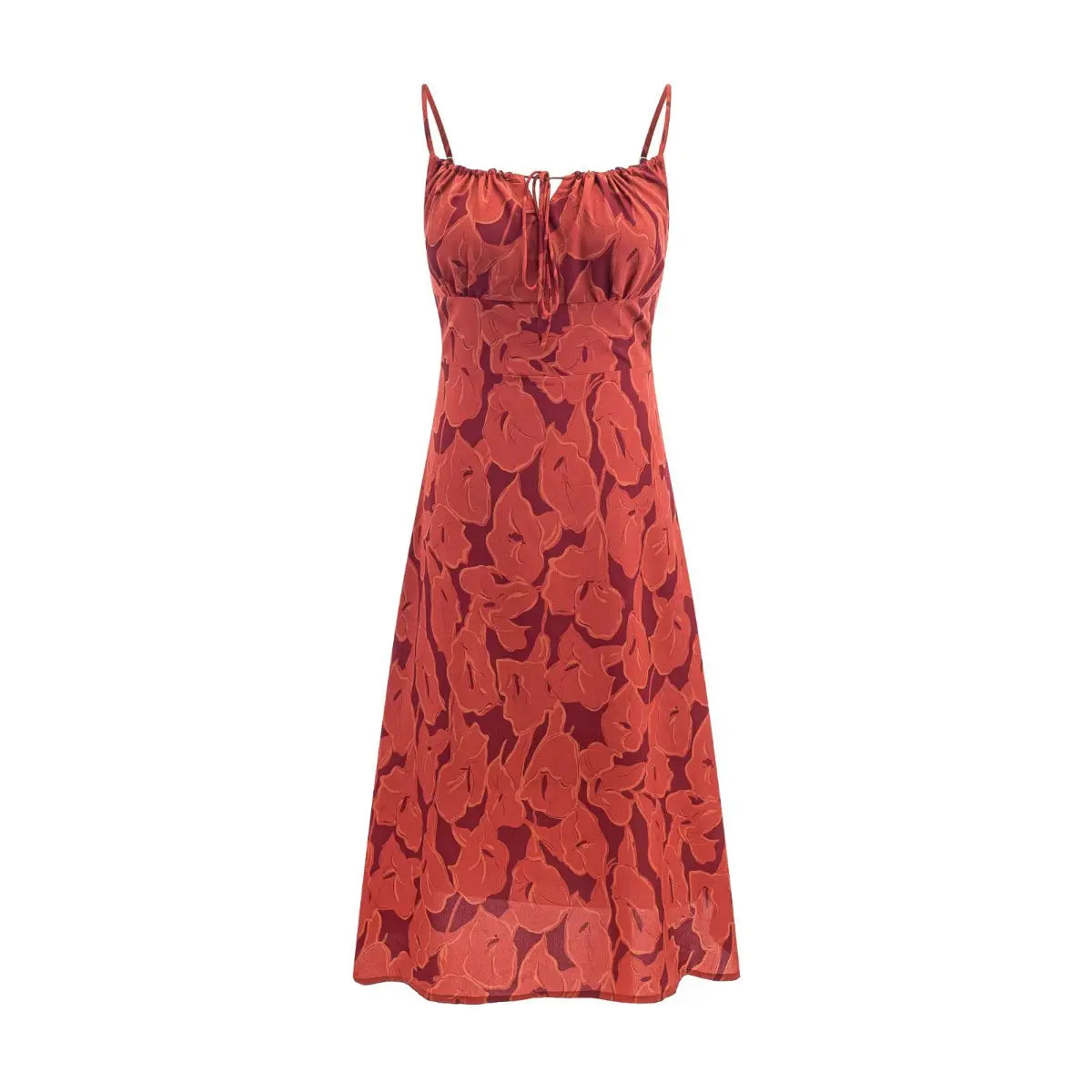 Full front white background shot of warm red abstract floral cami maxi dress, front drawstring ruched bust and flowy A-line skirt.