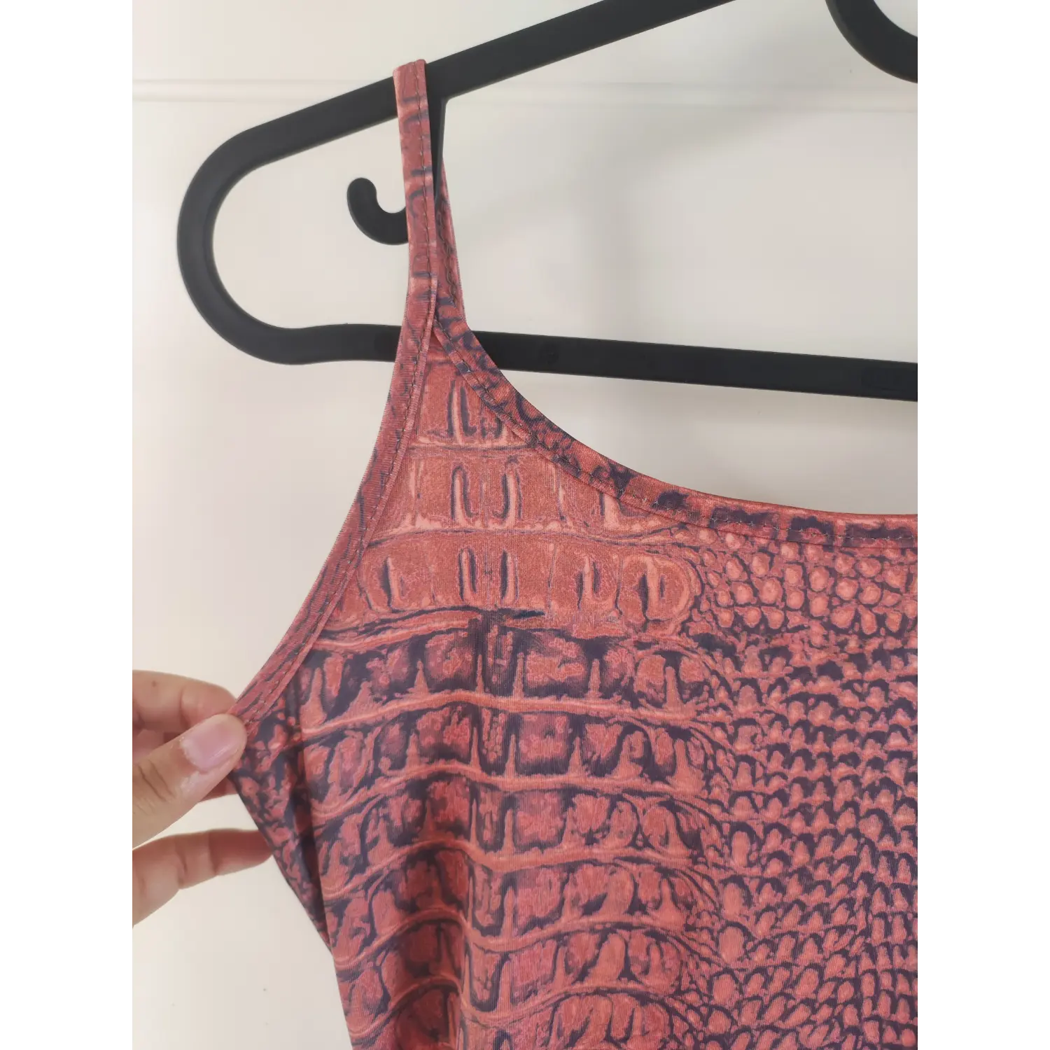 strap-detail-view | Close-up of thin spaghetti strap and neckline stitching, crocodile print cami dress