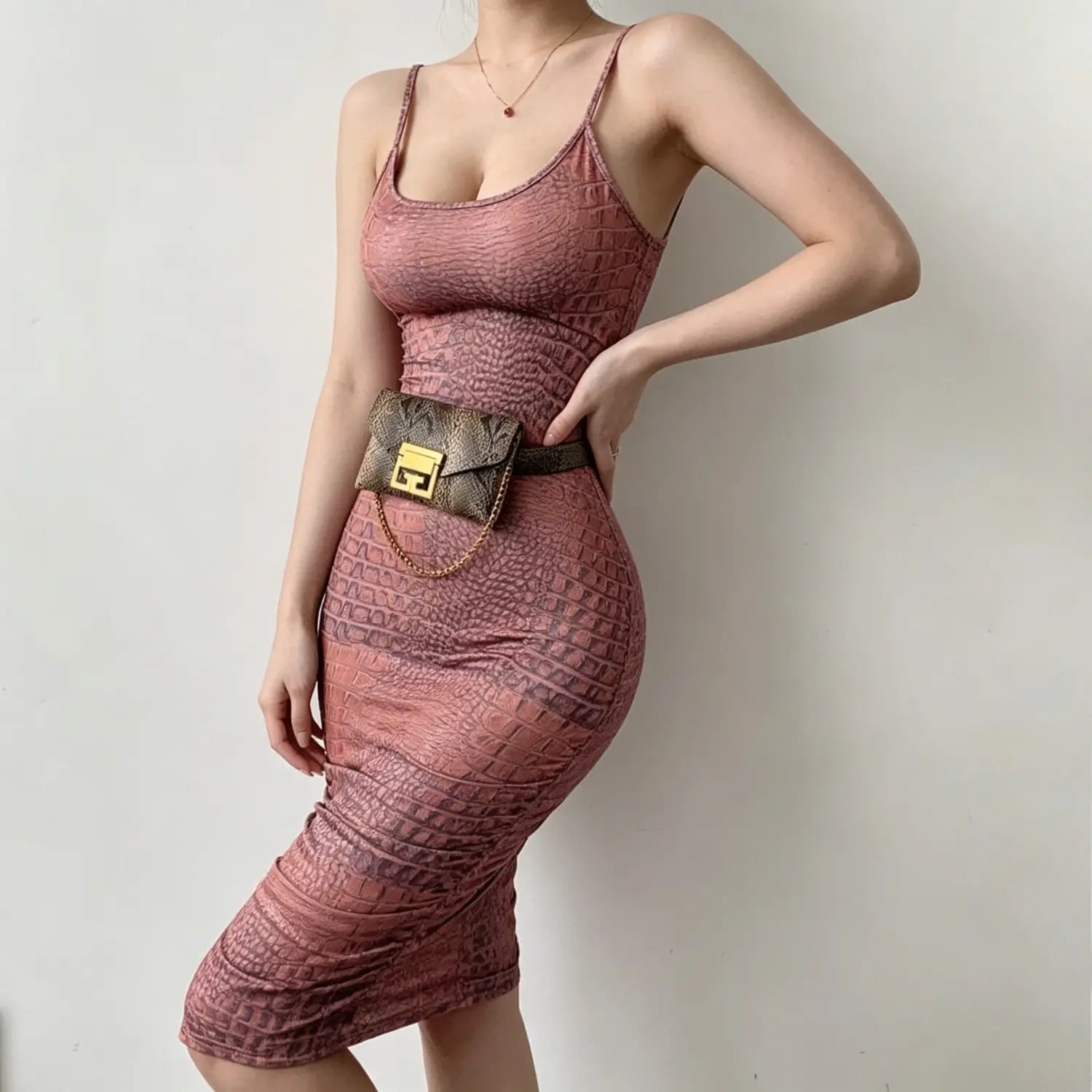 model-pose-1 | Front model shot, rust croc print low neck bodycon midi cami dress