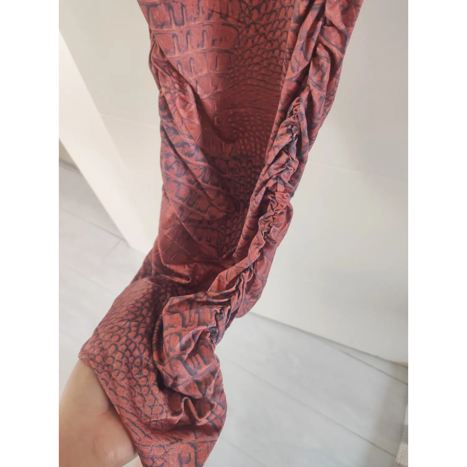 side-ruched-view | Side drawstring ruched hem detail, crocodile pattern stretch midi dress