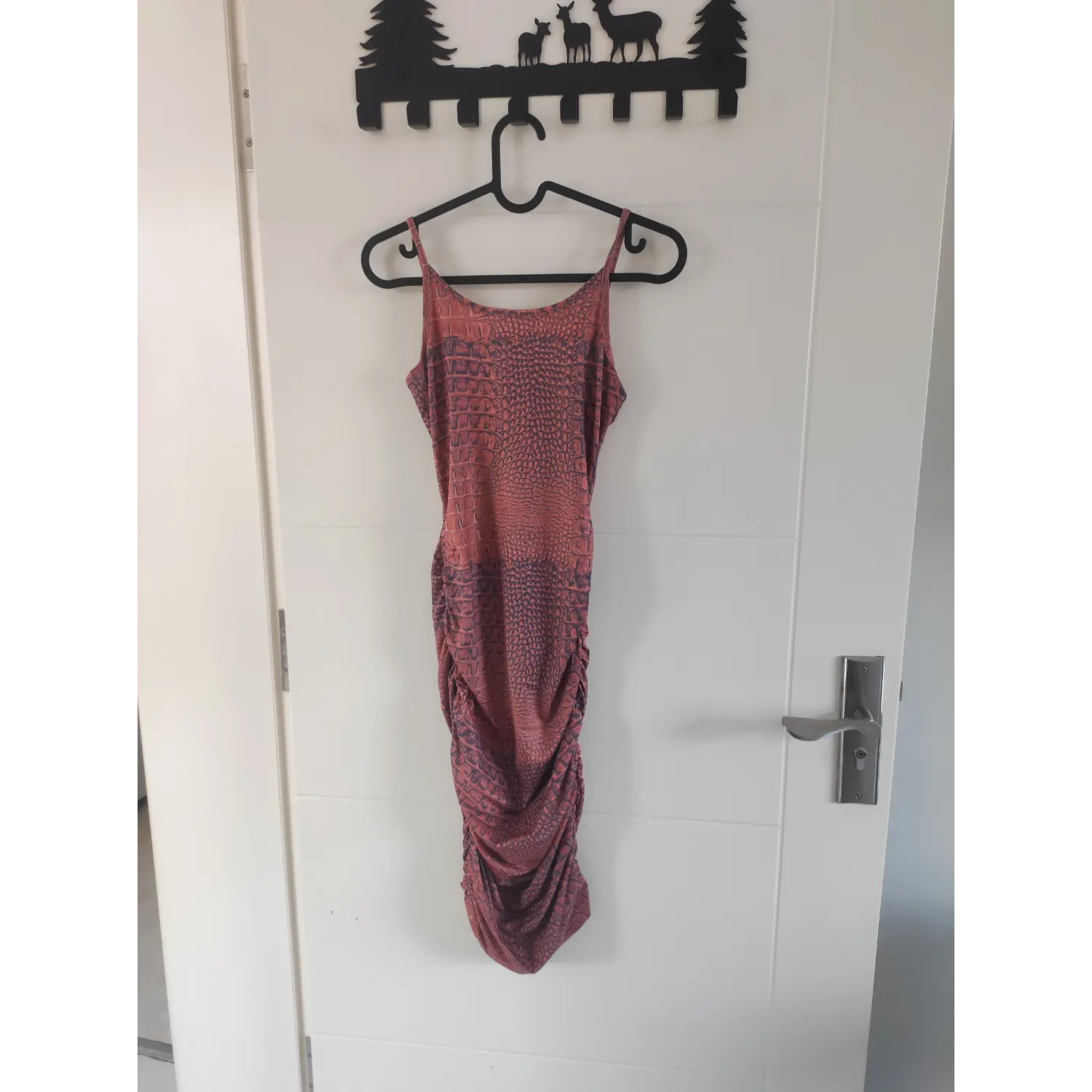 hanger-front-view | Crocodile texture print cami midi dress, thin shoulder straps, side drawstring ruched skirt, stretch fabric women bodycon dress