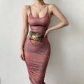model-view | Rust crocodile print spaghetti strap midi dress, low scoop neck, stretch bodycon tight fit, side ruched design, women chic party dress