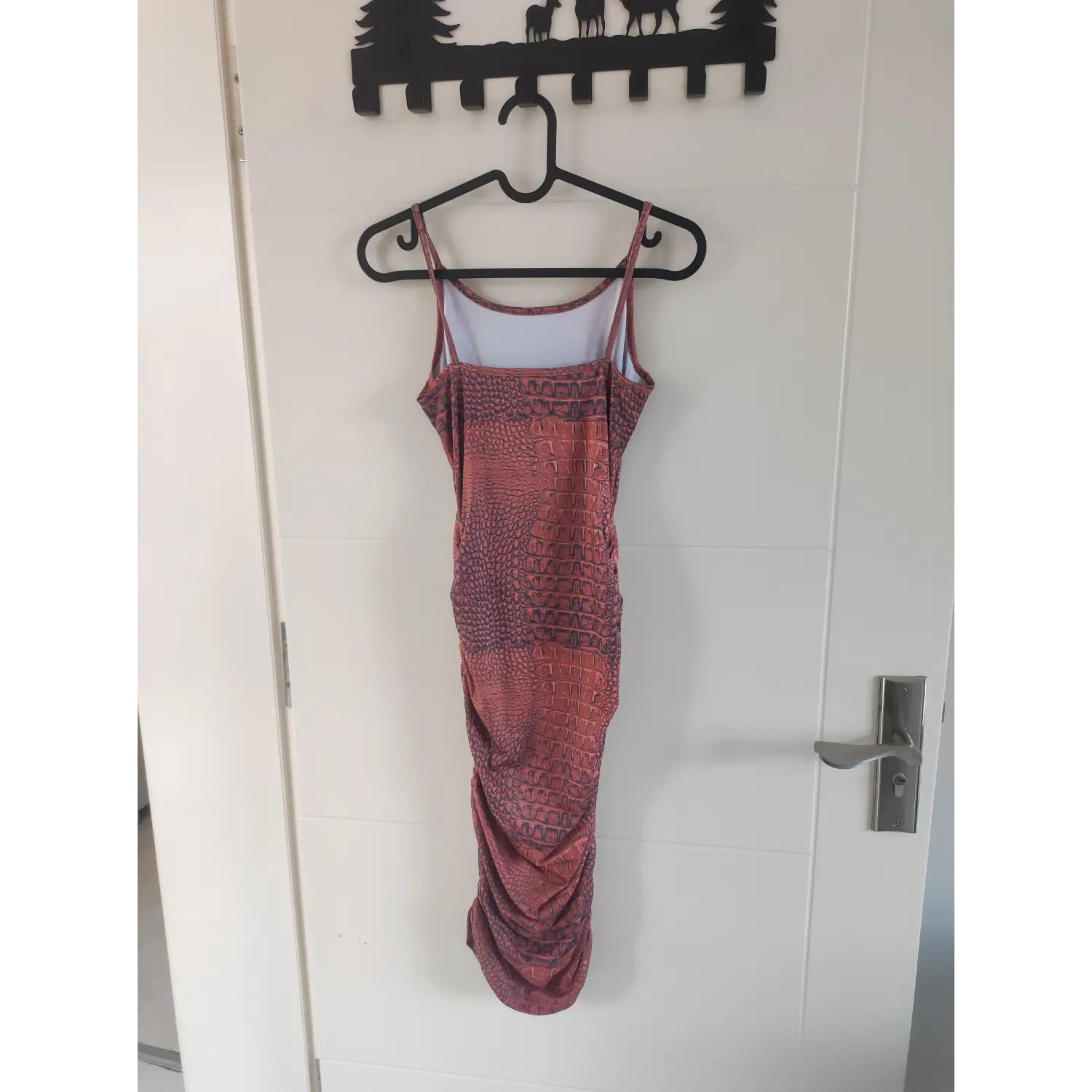 hanger-back-view | Back view of lined crocodile print cami midi dress, thin adjustable spaghetti straps