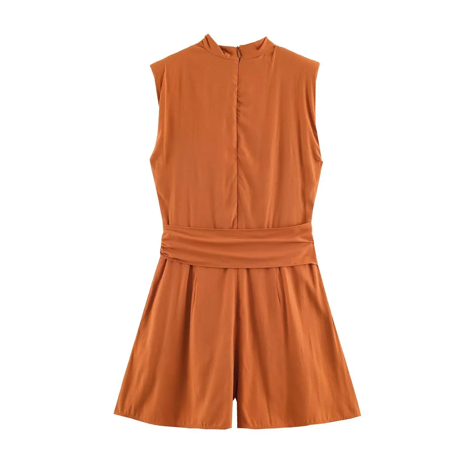 Complete back flat shot of rust sleeveless playsuit, back center invisible zipper, relaxed short leg silhouette