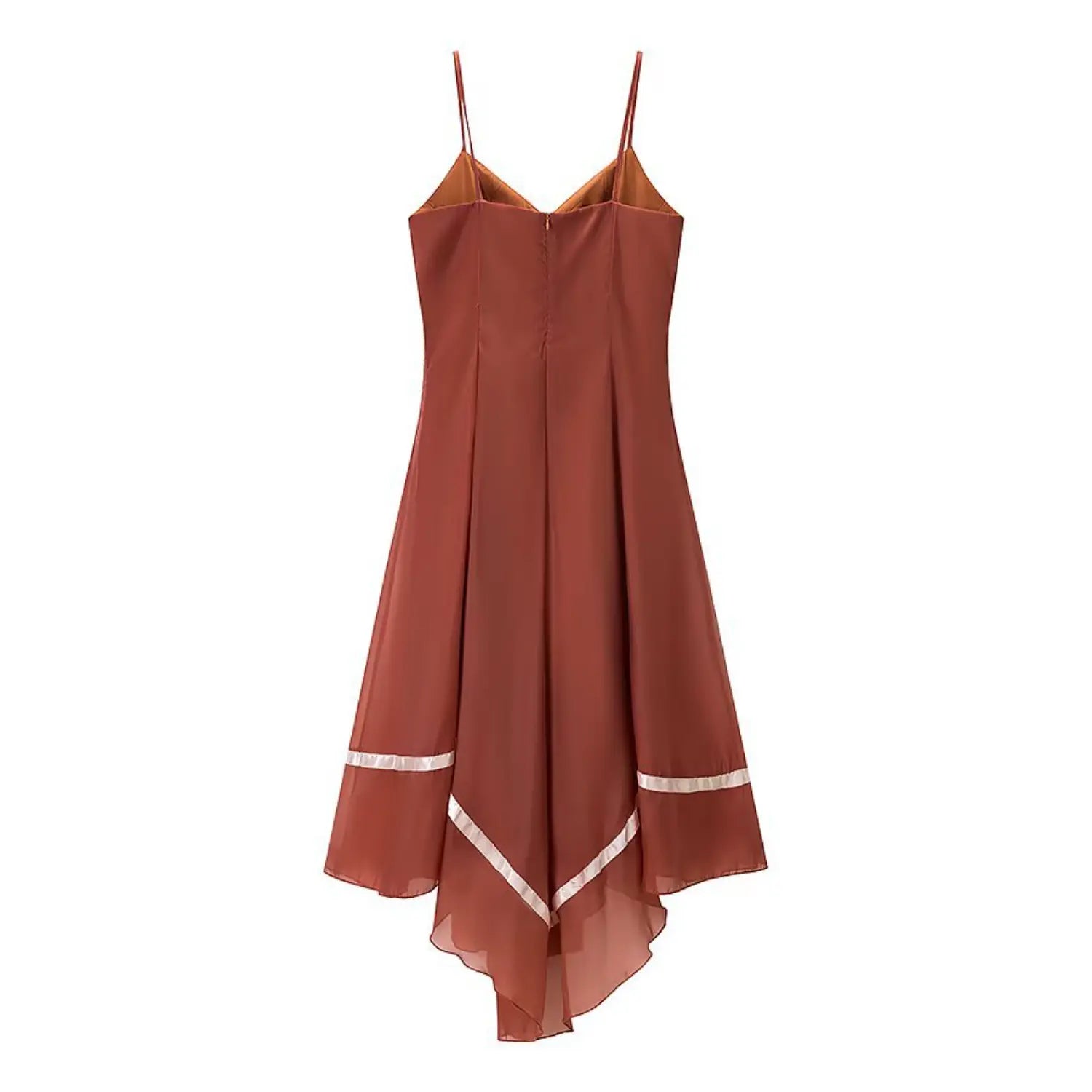 Flat lay back view rust orange camisole midi dress invisible back zipper uneven handkerchief hem with satin ribbon detail