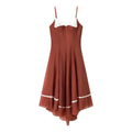 Flat lay front view rust orange camisole midi dress white embroidered lace collar asymmetrical handkerchief hem satin ribbon trim
