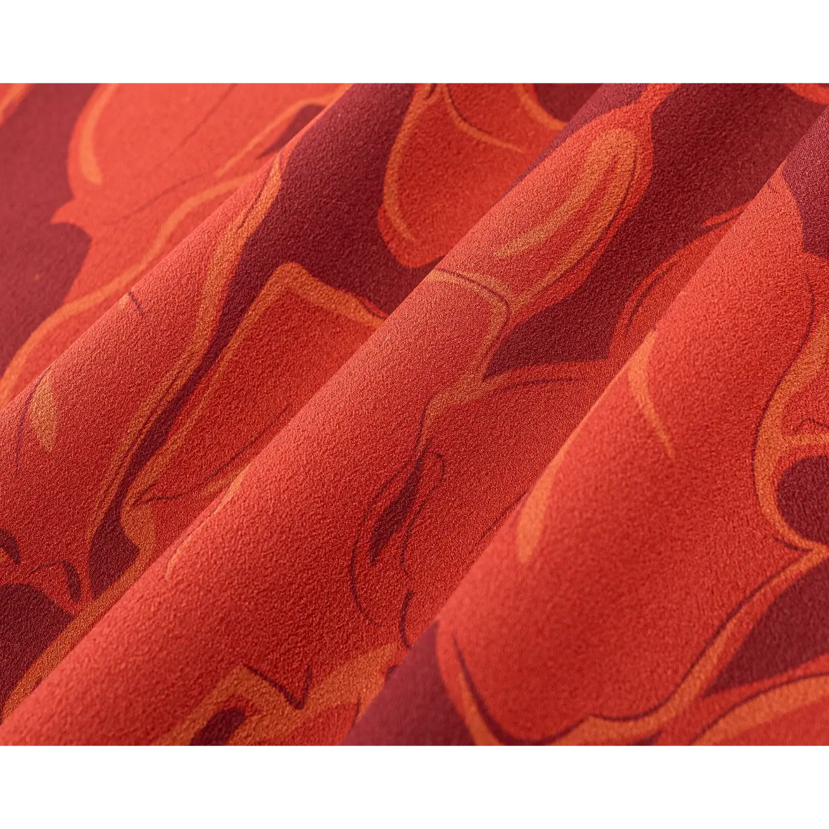  Macro fabric shot of textured woven fabric with vintage rust red abstract big floral print, warm terracotta color palette.