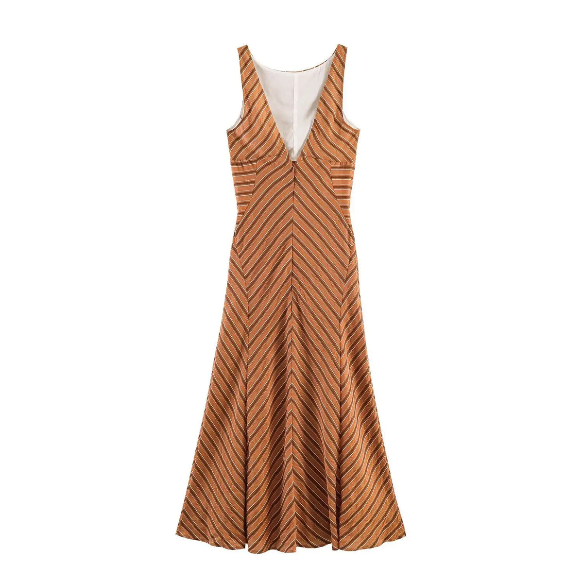 Rust chevron striped maxi dress, back view, deep v back with zipper closure, sleeveless long dress