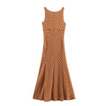 Rust brown chevron stripe sleeveless maxi dress, front view, round neck, fitted waist, flowy flared long skirt