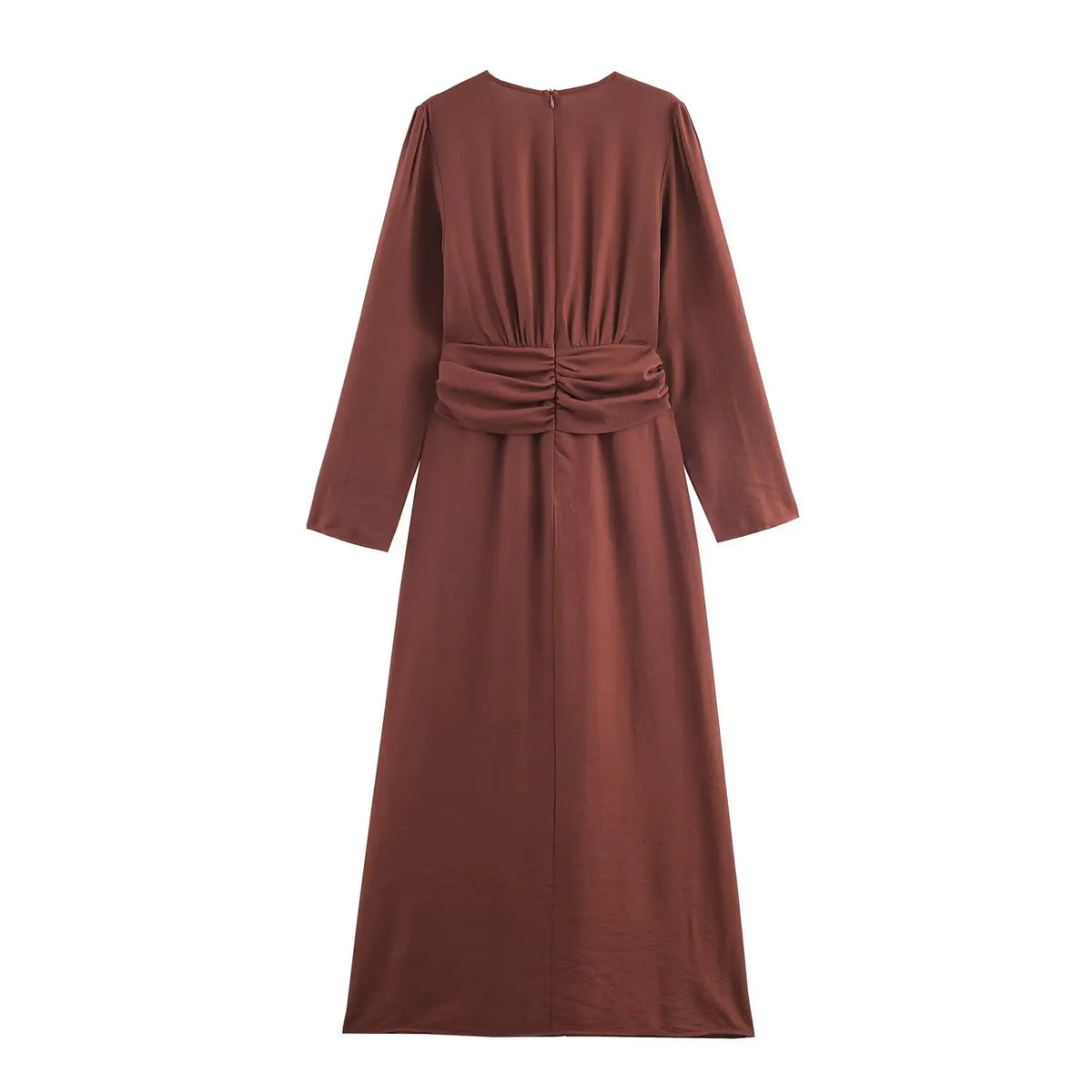 Rust tie waist surplice midi dress, back flat lay