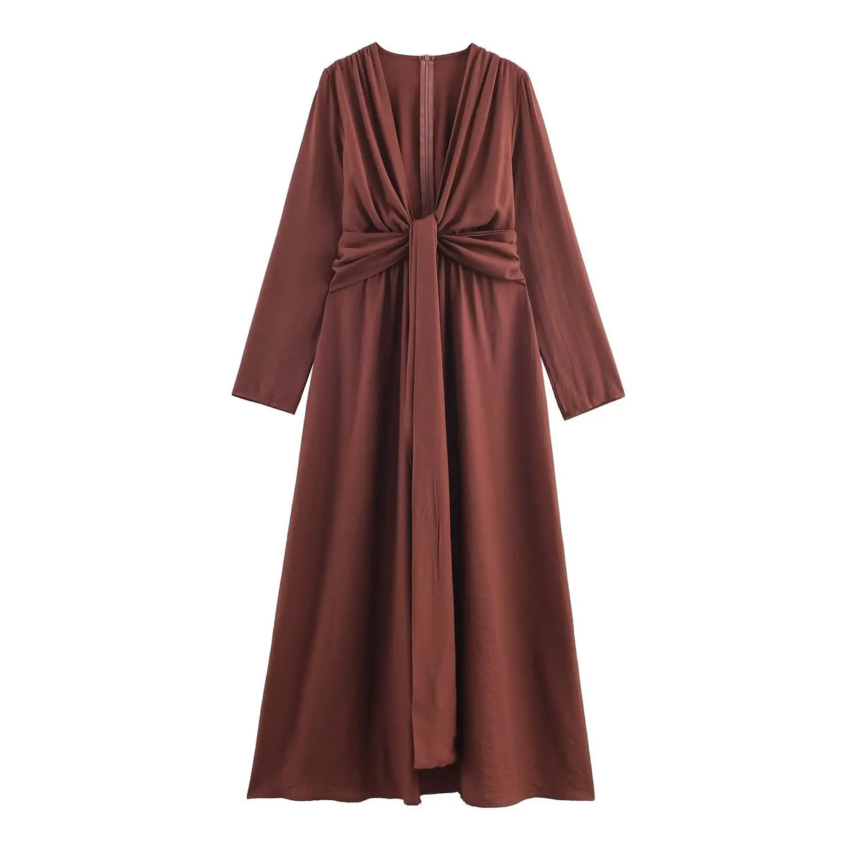 Rust tie waist surplice midi dress, front flat lay