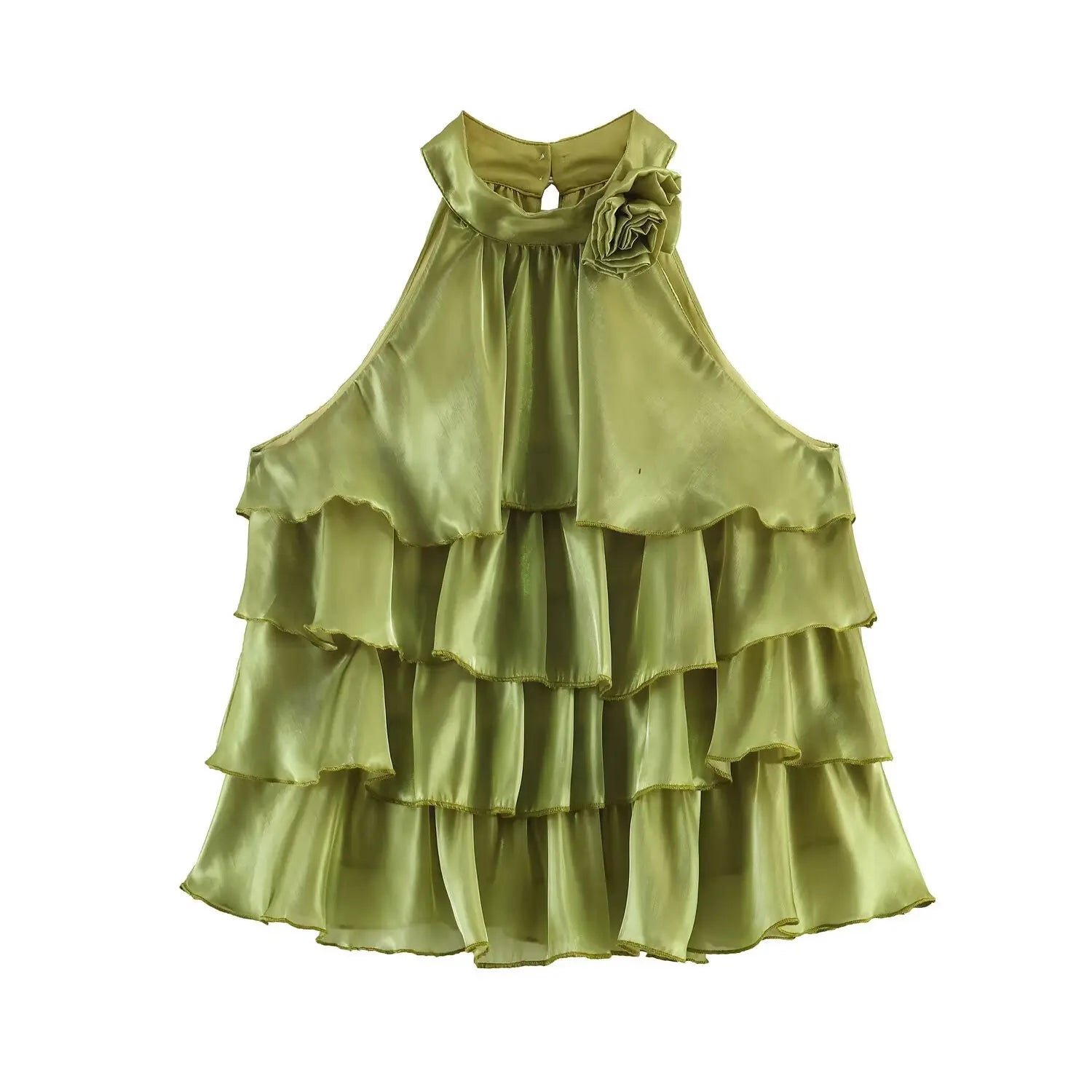 Front flat product shot sage green halter top, 3D fabric rose decor at collar, multi layer tiered ruffle hem, shiny organza fabric, sleeveless blouse