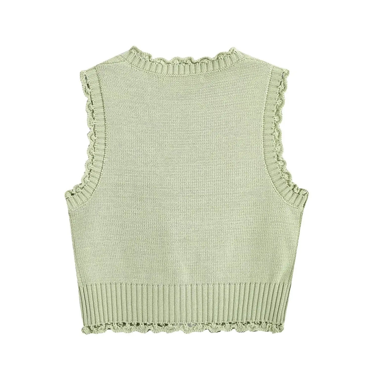 Sage green crochet flower tie front knit vest, back flat lay