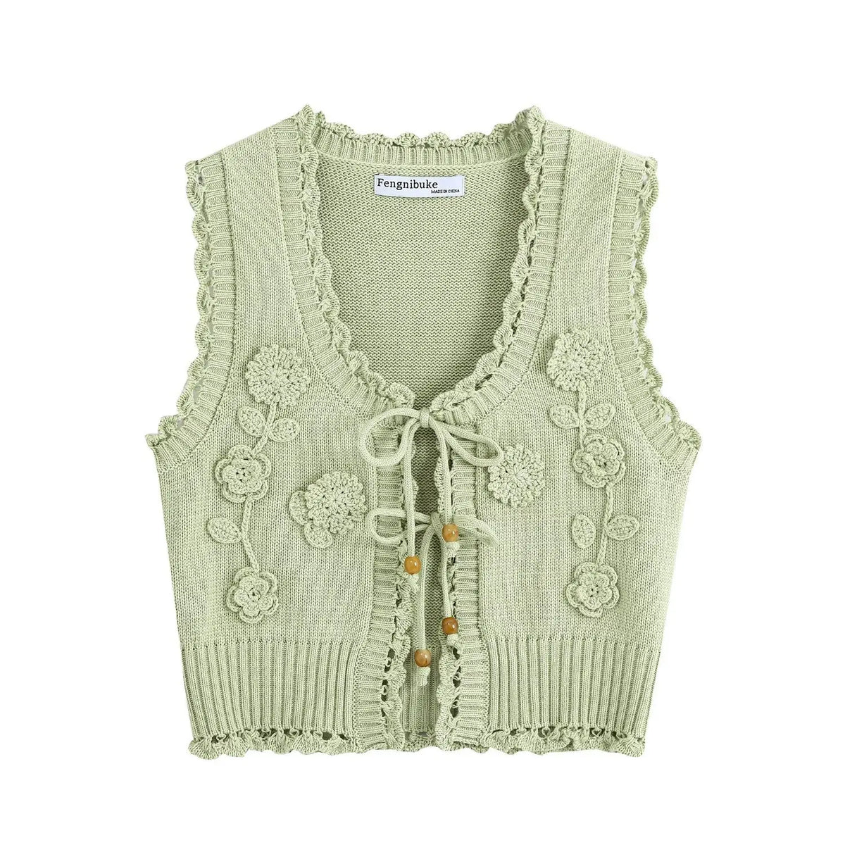 Sage green crochet flower tie front knit vest, front flat lay