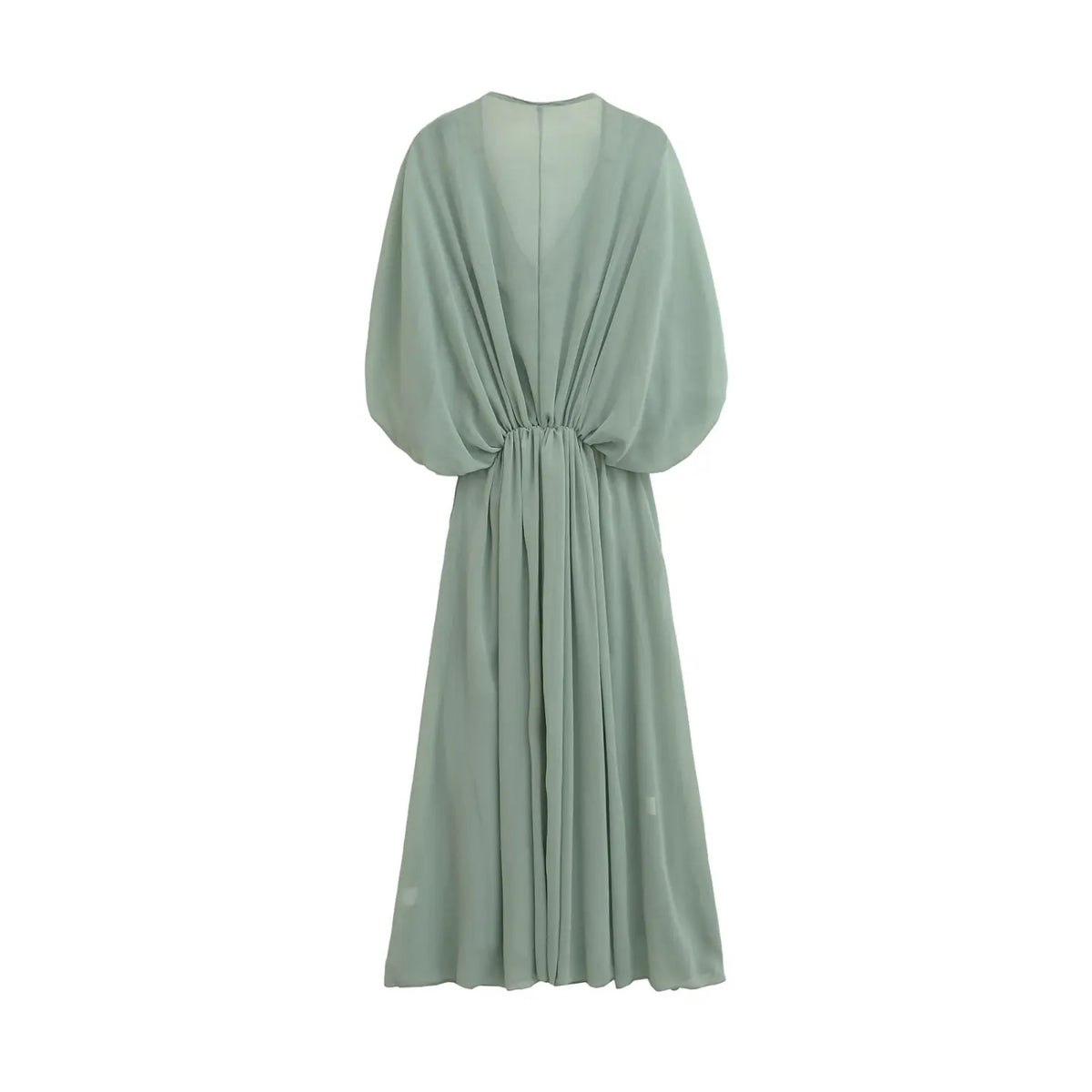 Sage green gathered bust slip midi dress, back flat lay