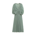 Sage green gathered bust slip midi dress, front flat lay