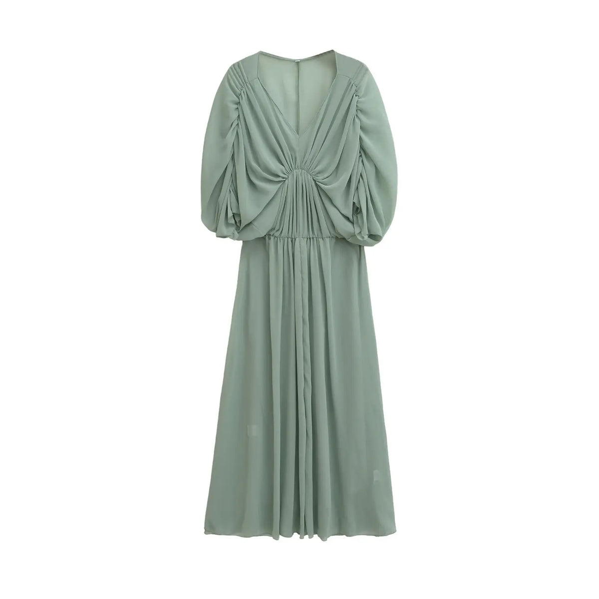 Sage green gathered bust slip midi dress, front flat lay