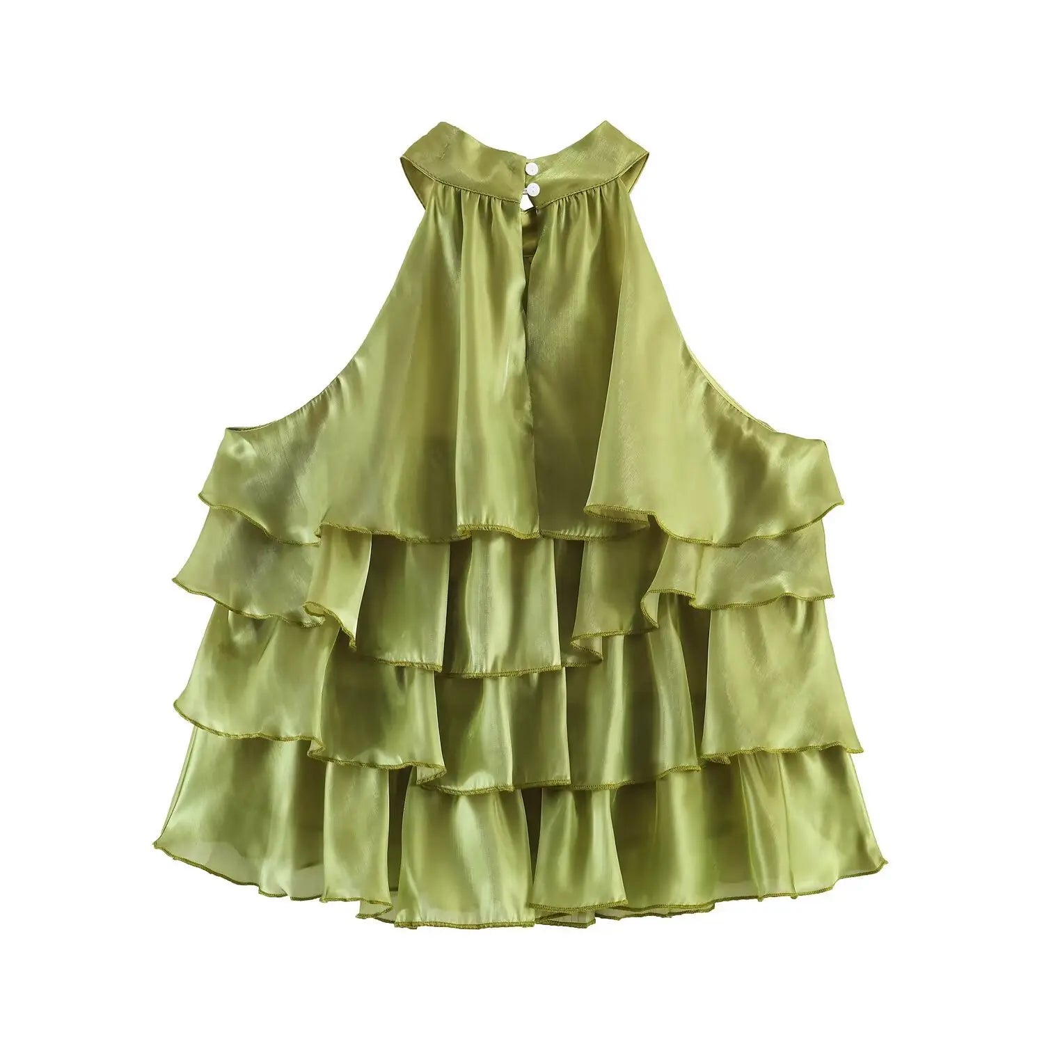 Back flat lay sage green halter blouse, keyhole back with white button closure, layered ruffle hem, sheer shimmer organza