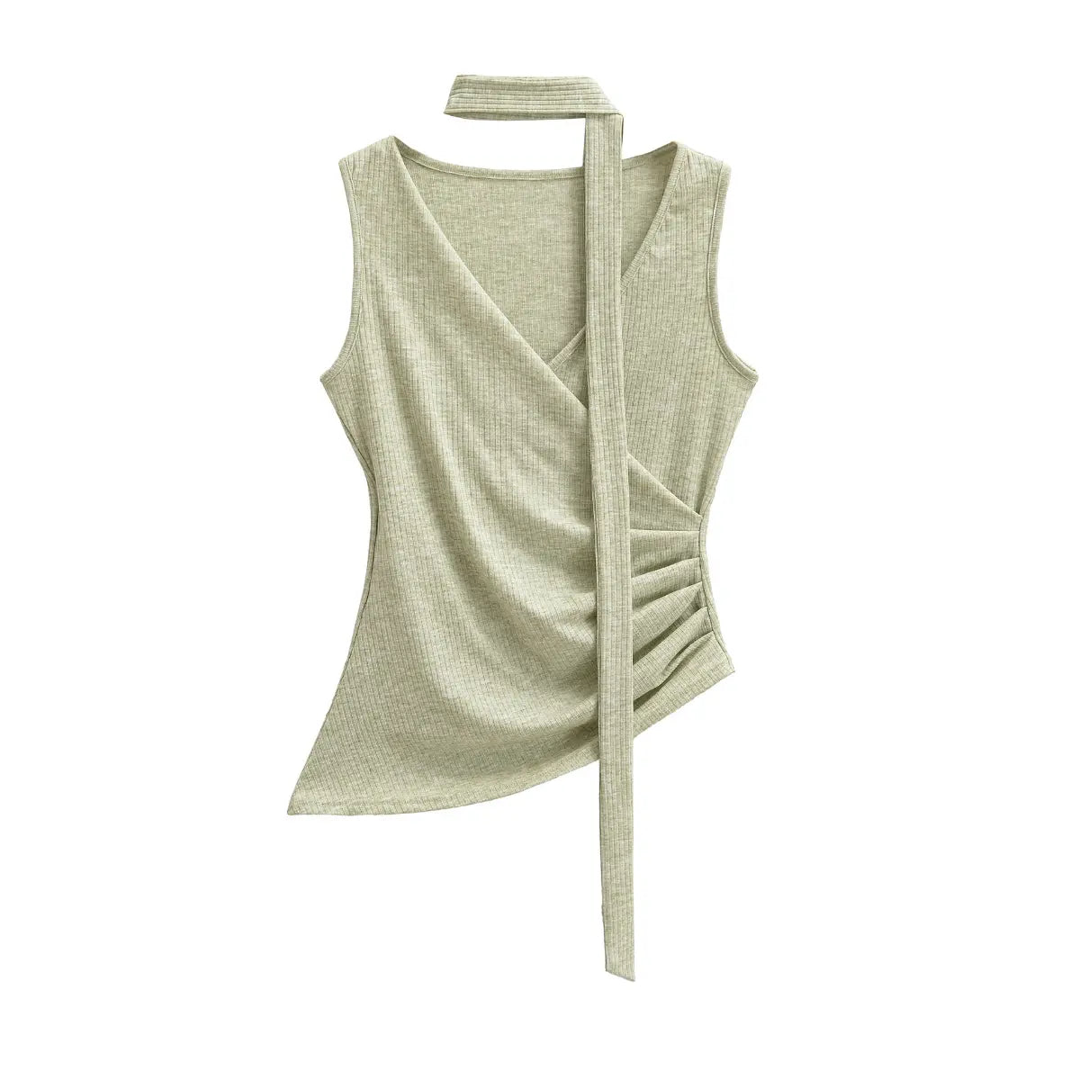 Flat lay view of a sage green ribbed halter wrap top, showing the wrap front, side ruching, and long tie strap.