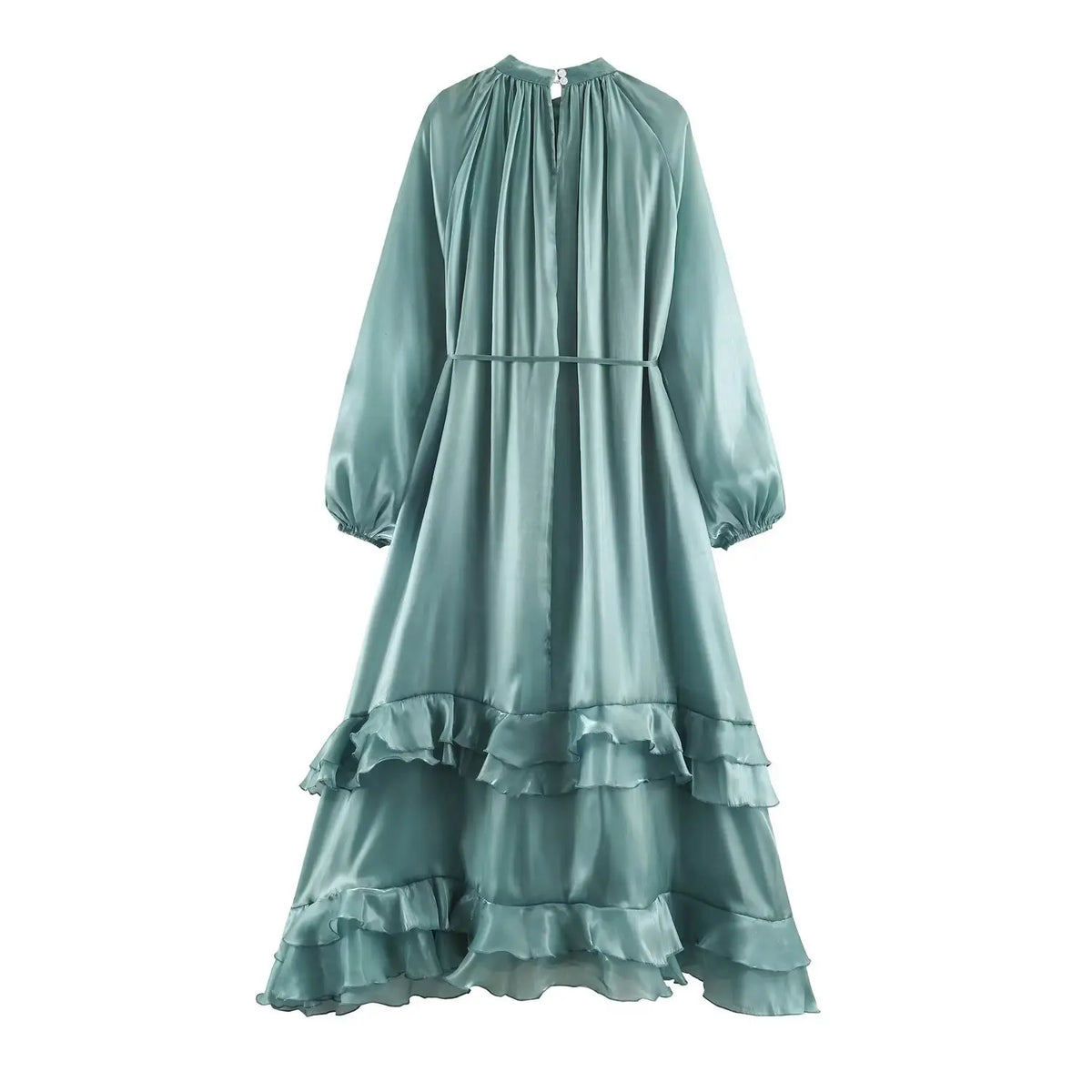 Back flat lay of sage green high neck puff sleeve maxi dress