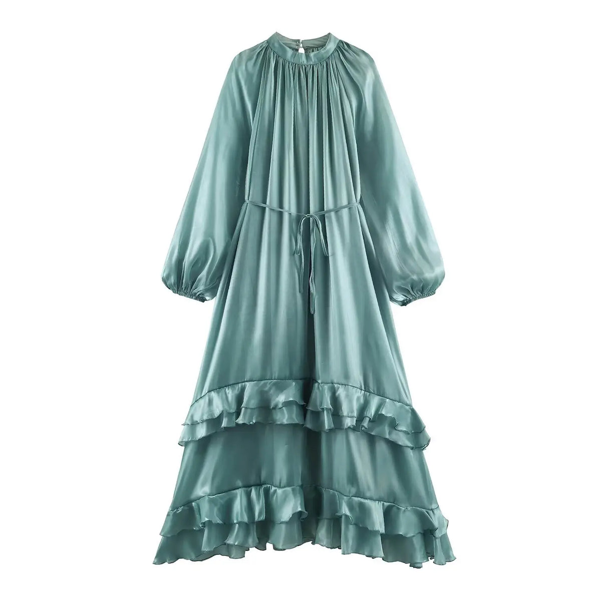 Front flat lay of sage green high neck puff sleeve ruffle hem maxi dress
