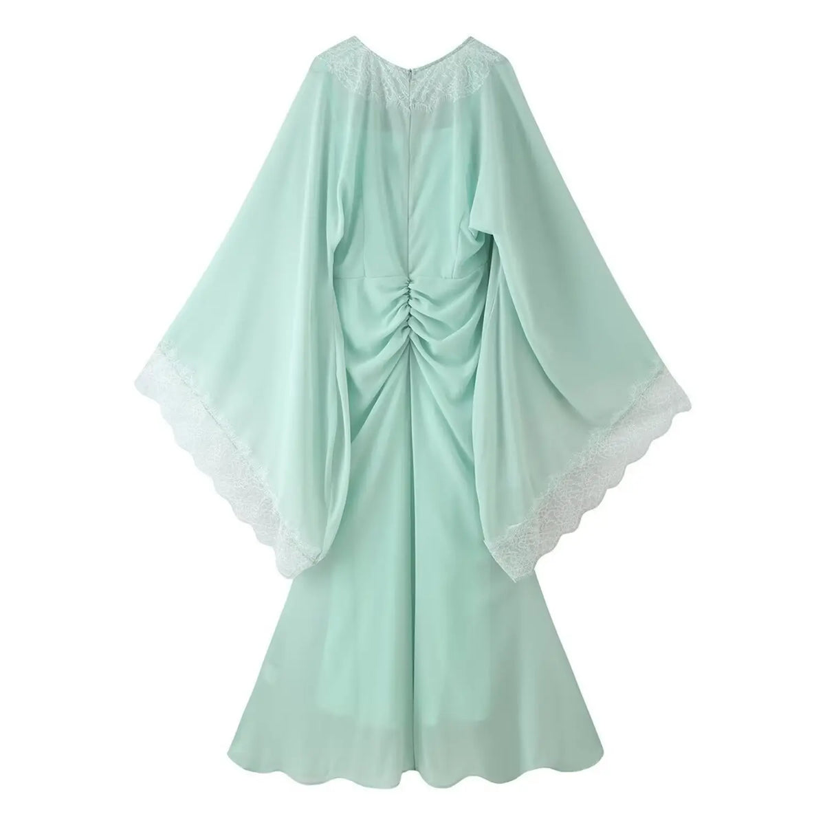 Back flat lay of chiffon overlay cape sleeve dress