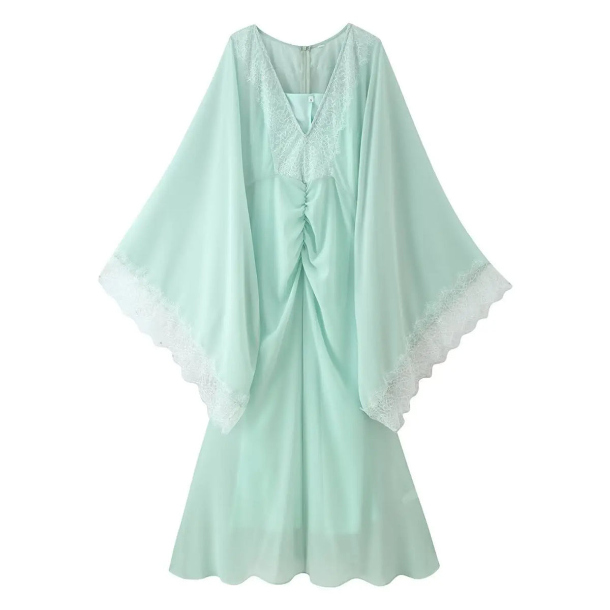 Front flat lay of chiffon overlay cape sleeve dress
