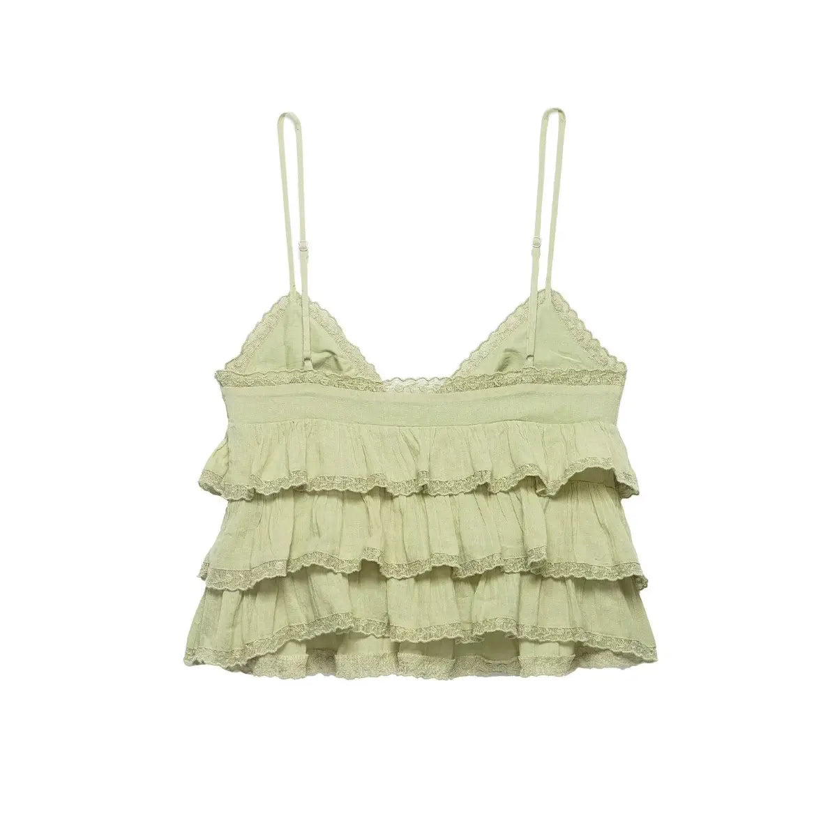 Back view of a sage green cami top with tiered lace-trimmed ruffles and adjustable spaghetti straps.