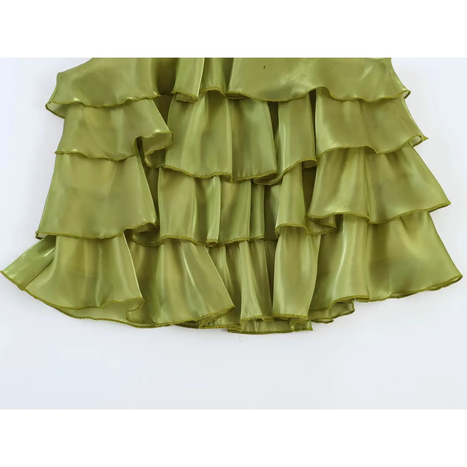 Full view multi-layer tiered ruffle hem, scalloped finished edge, shimmer sheer sage green organza